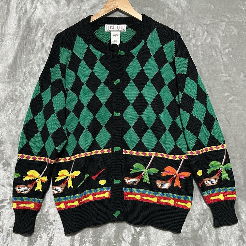 Vintage Lizi Ruch‎ Cardigan Sweater Womens Size L Black Golf Embroidered Classic